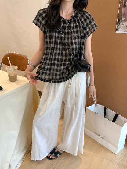 // 格紋肌理感荷葉花邊腳BL