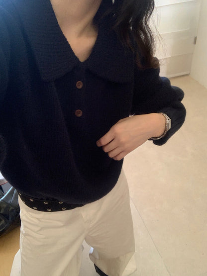 // 超韓領鈕扣粗坑紋翻領毛衣