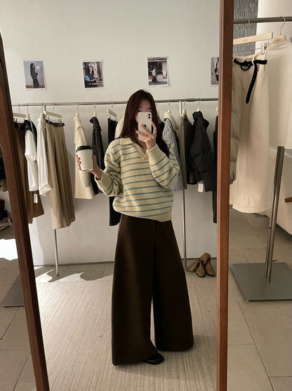 // 復古配色小V翻領間條毛衣