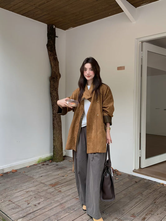 // 帥氣麂皮絨可立領拼皮外套