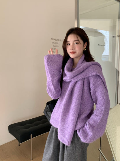 // 慵懶感寬鬆款連頸巾毛衣