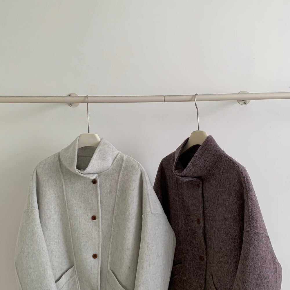 // 立領簡約風100%羊毛手工雙面中長外套