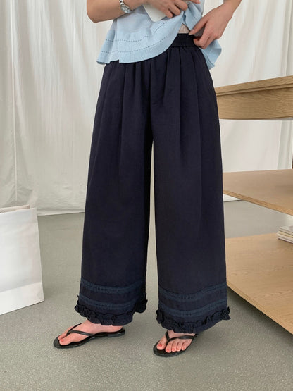 // 小復古刺繡花邊腳休閒褲