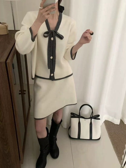 // 超軟糯撞色邊綁結開胸CD+短裙套裝(可分開單買)