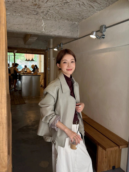 J34 / 復古感翻領設計感彷皮外套