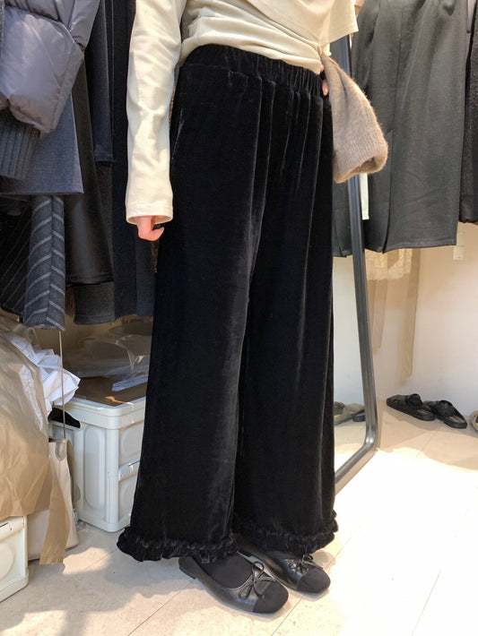 // 設計感花邊腳絲絨褲