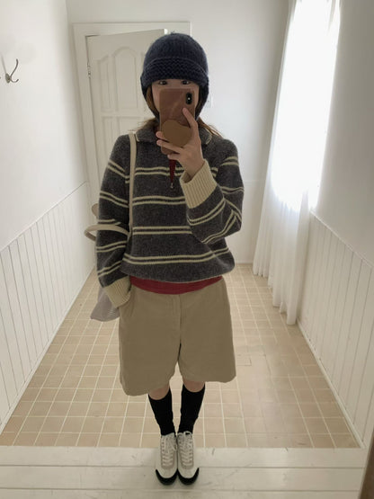 // 撞色間條邊半拉鍊毛衣