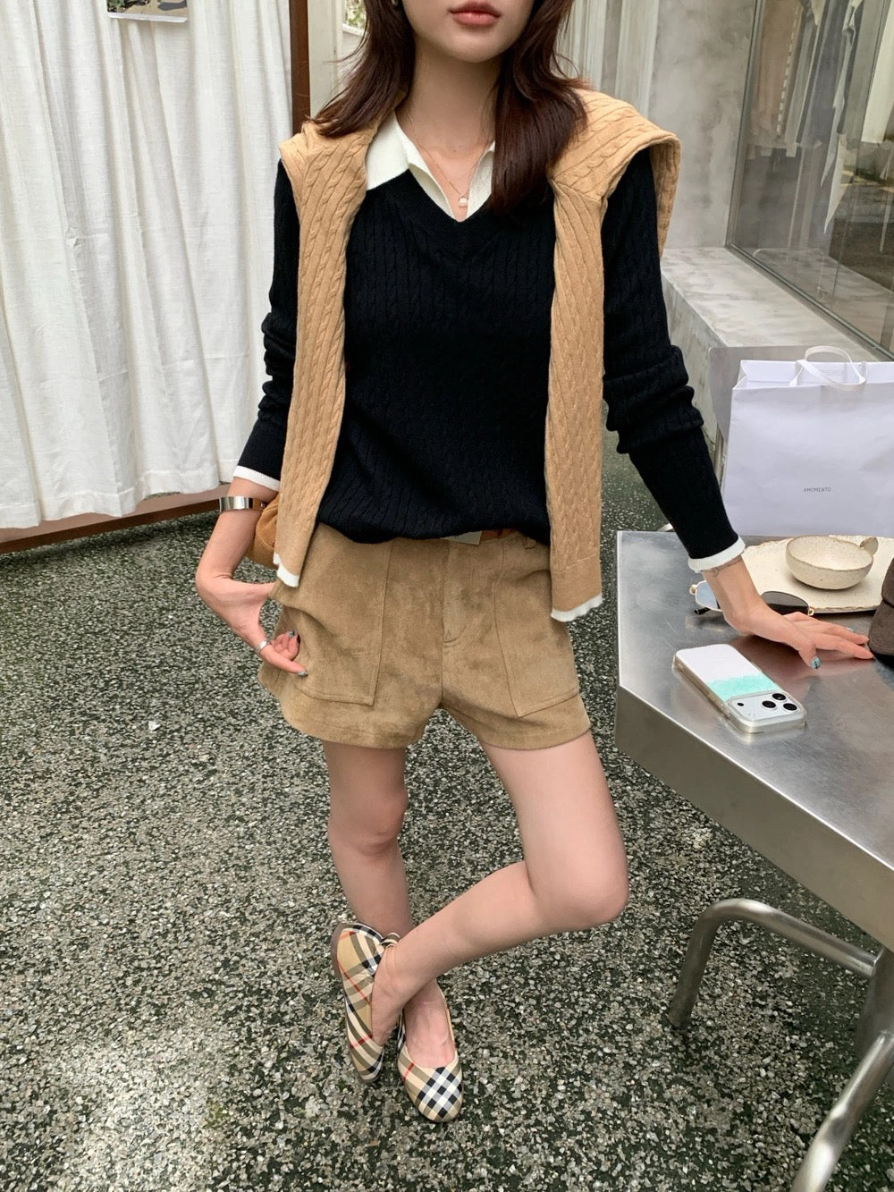 B215 / 拼接假兩件恤衫翻領麻花針織上衣
