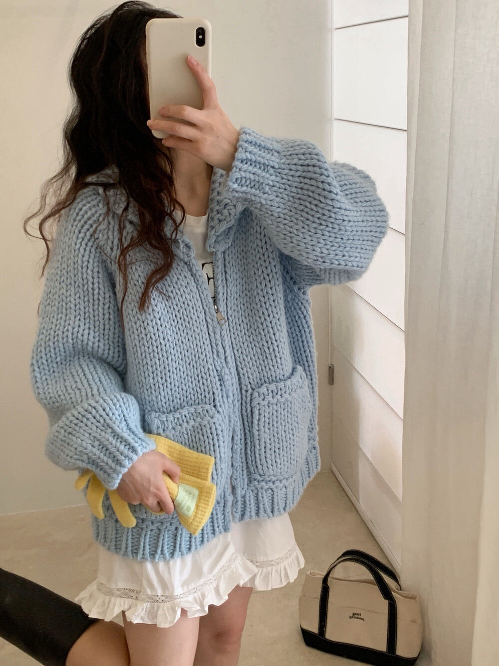 // 30%wool粗棒針手工織感圓翻領口袋拉鍊CD