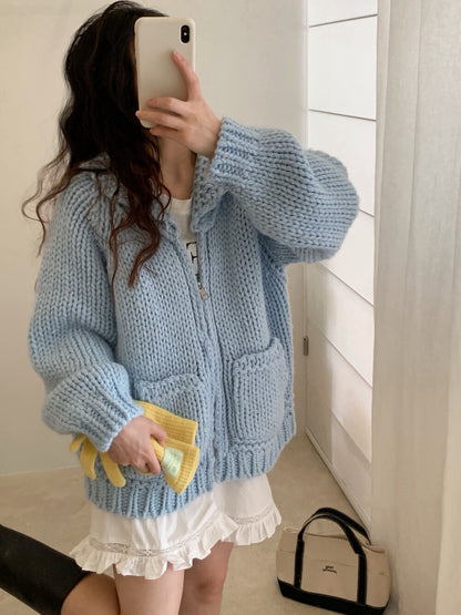 // 30%wool粗棒針手工織感圓翻領口袋拉鍊CD