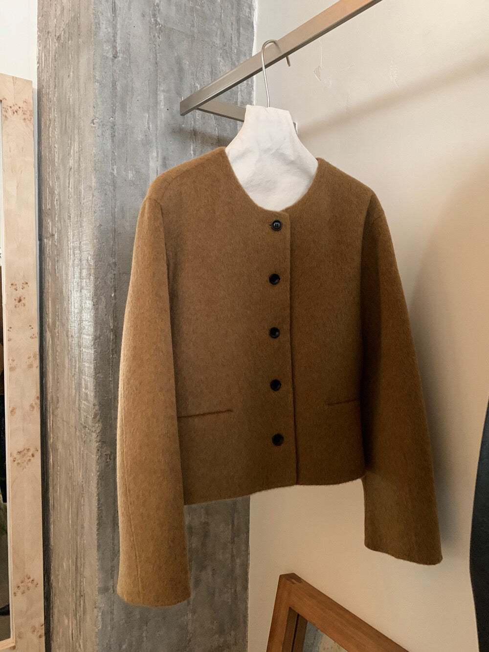 // 100%羊毛簡約圓領小口袋雙面羊毛手工外套