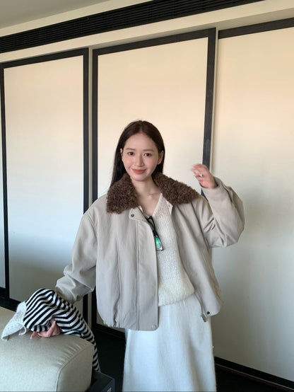 // 拼接卷毛領設計感短外套