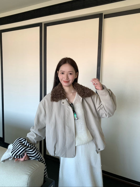 // 拼接卷毛領設計感短外套