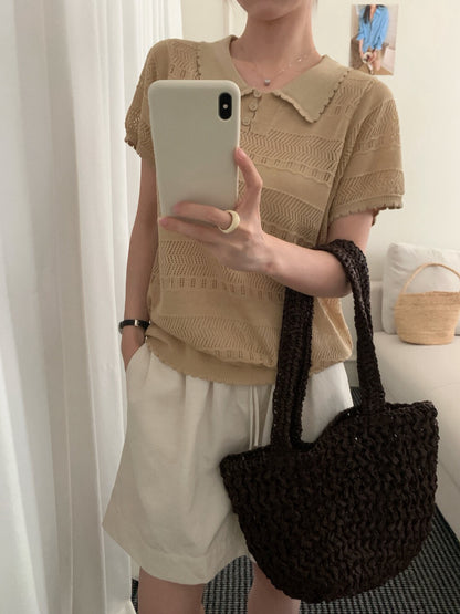 K19 / 精緻鏤空花邊翻領lyocell polo NT