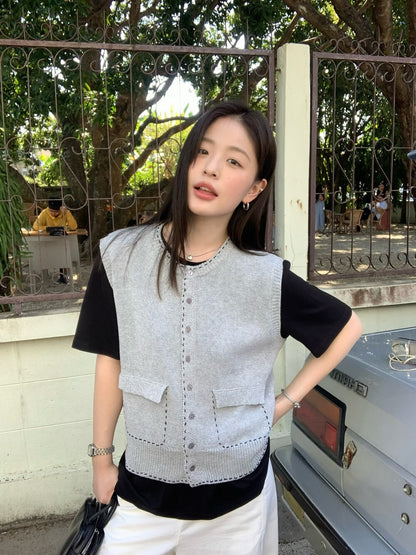 🪻 撞色縫線雙口袋8%羊毛混紡針織背心
