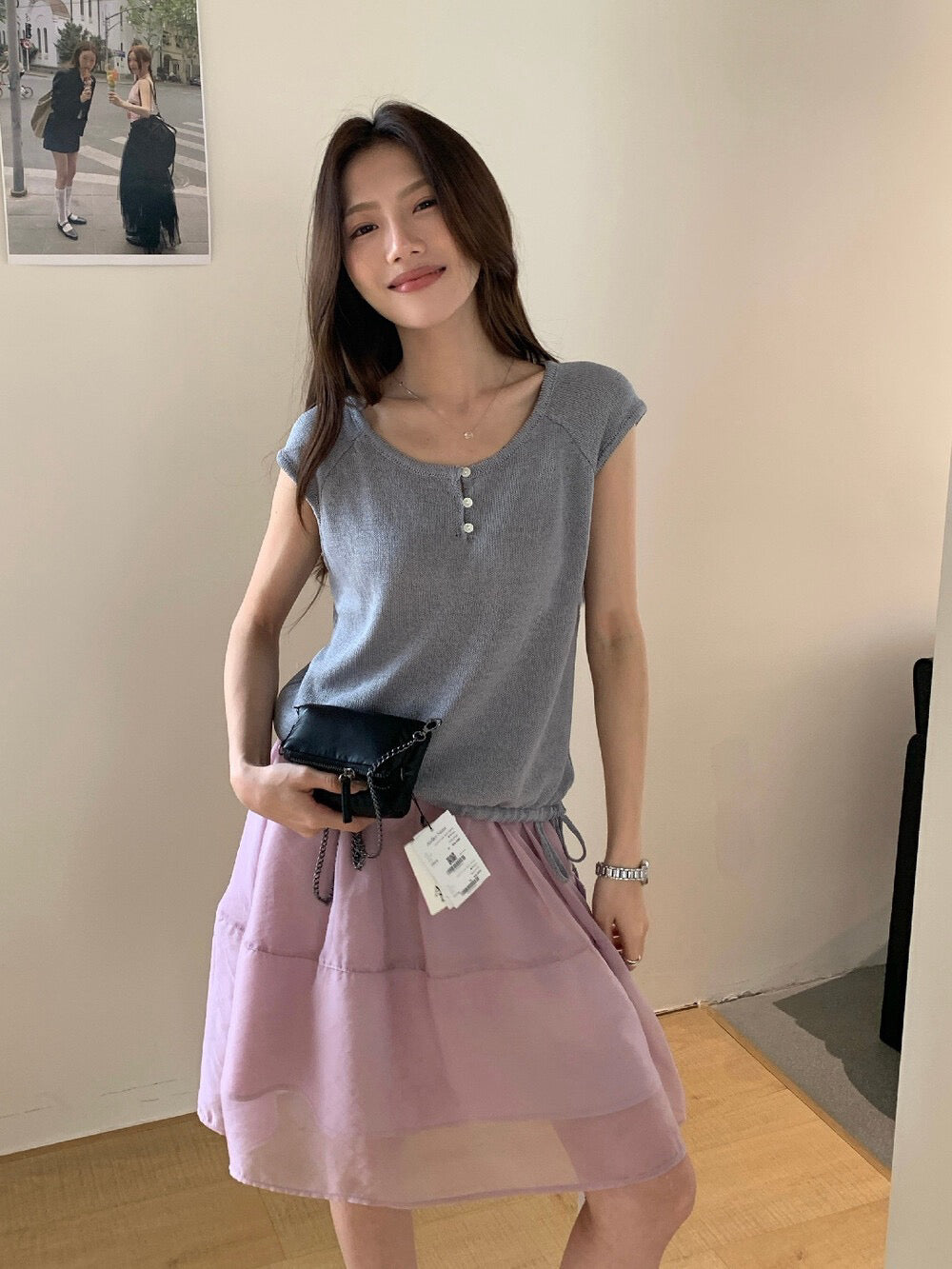 // 簡約小鈕扣飛飛袖紗線針織上衣