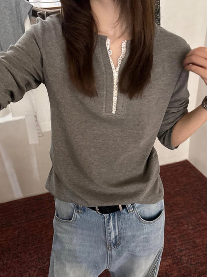 B210 / 拼接lace邊V領側褶褶長袖正肩TEE