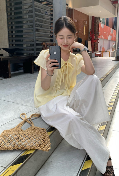 // 壓褶綁帶小飛袖BL