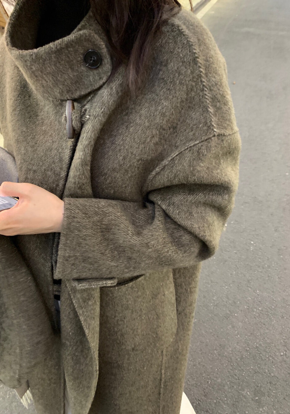 // 90%wool氣質立領長款手工羊毛外套(連袋仔)