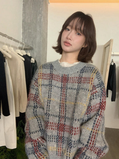 // 聖誕風復古感格紋混羊毛毛衣