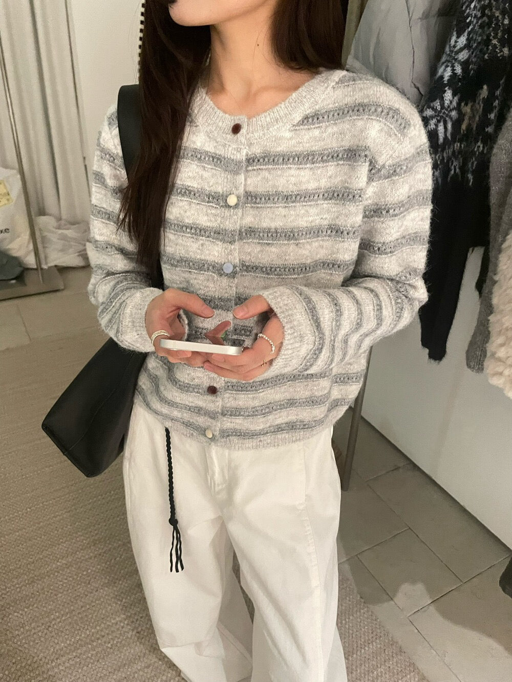 // 8%wool混色鈕鏤空間條CD