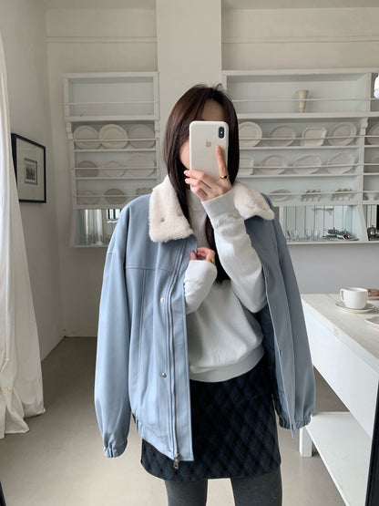 // 甜酷風毛毛領夾棉皮外套