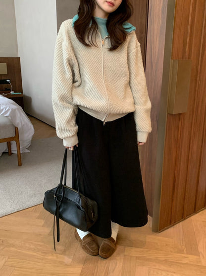 // 撞色翻領圈圈毛感拉鍊CD