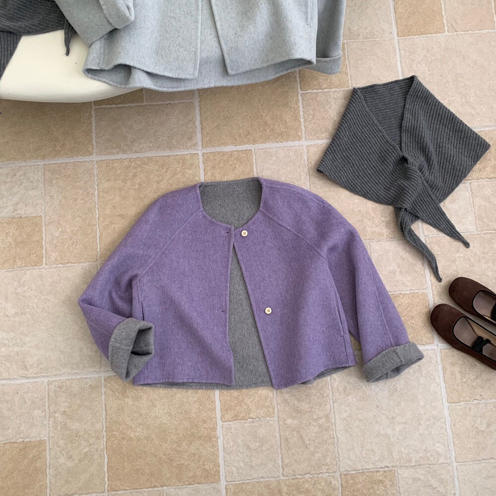 // 100%羊毛馬卡龍色系圓領短款手工外套(連三角巾)