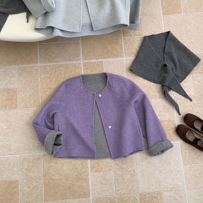 // 100%羊毛馬卡龍色系圓領短款手工外套(連三角巾)