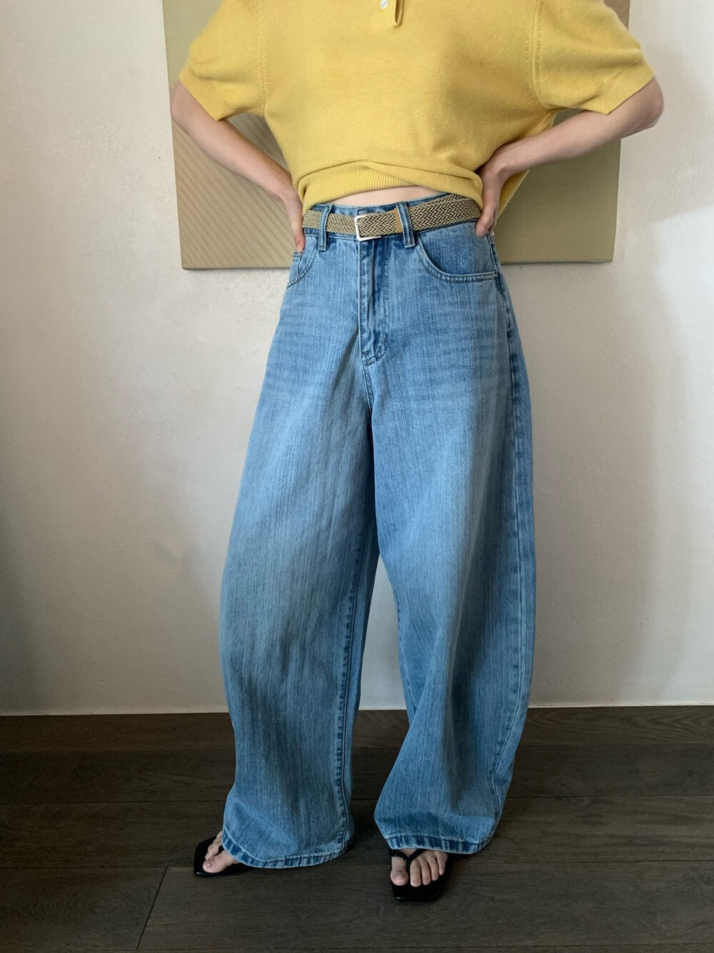 👖 慵懶洗水直闊褲牛仔褲(連腰帶)