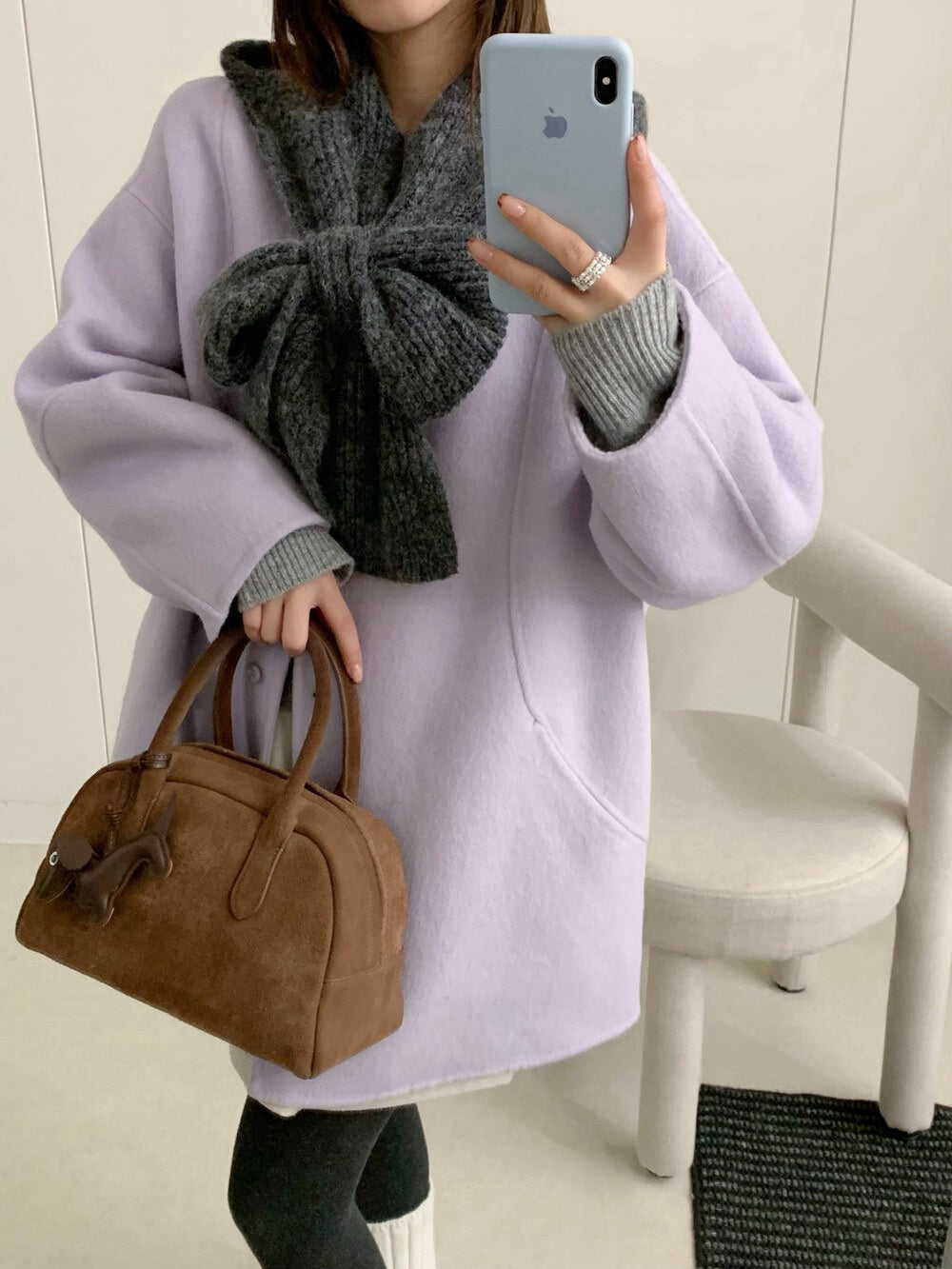 // 10%alpaca+90%wool簡約圓領手工外套(連頸巾)