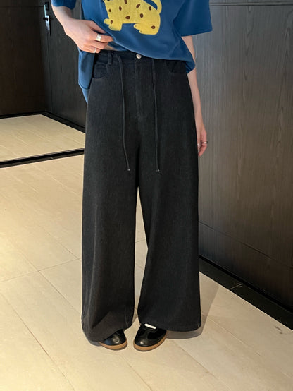 // 超直褲型抽繩綁帶腰軟牛仔褲