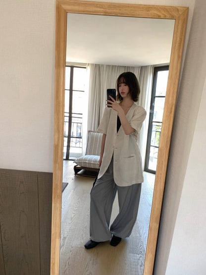 // 天絲麻短袖口袋V領西裝外套