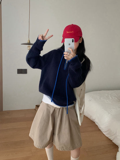 // 撞色半拉鍊連帽軟糯毛衣