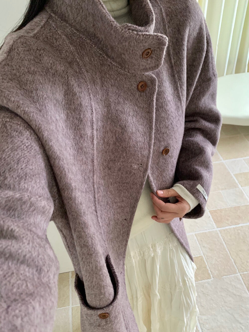 // 立領簡約風100%羊毛手工雙面中長外套