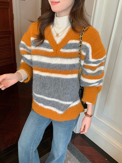 // 復古配色落日橘間條V領毛衣