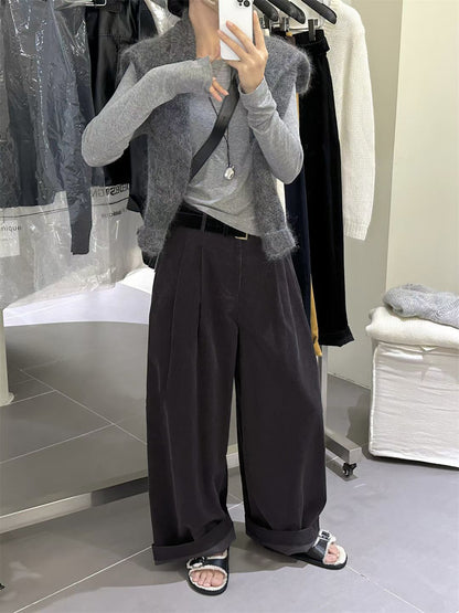 // 連絨面腰帶壓褶燈芯絨褲