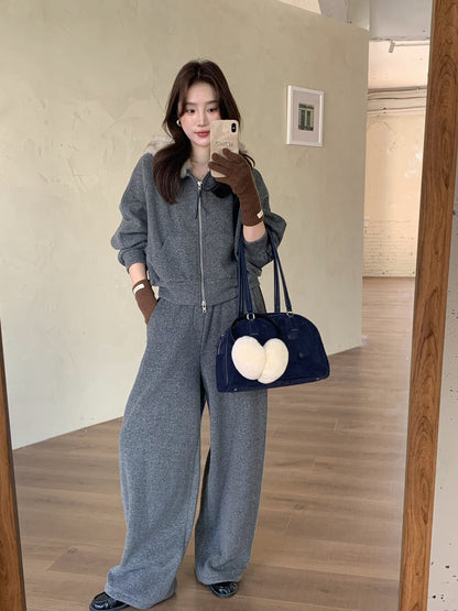 // 毛毛領衛衣外套+休閒褲套裝