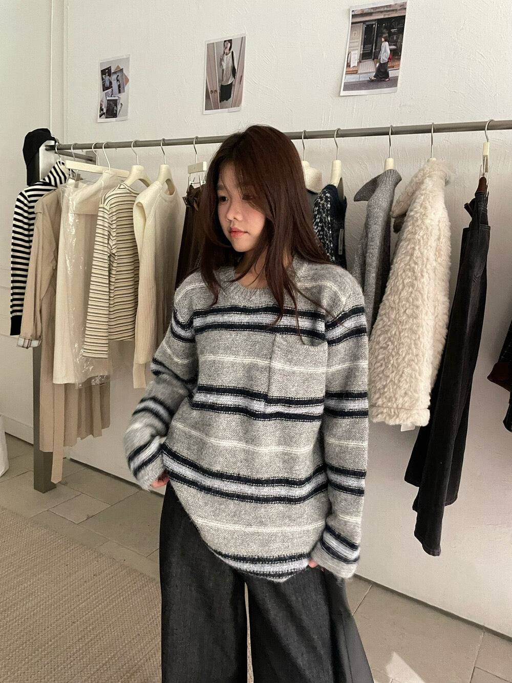 // 復古撞色間條口袋軟糯毛衣