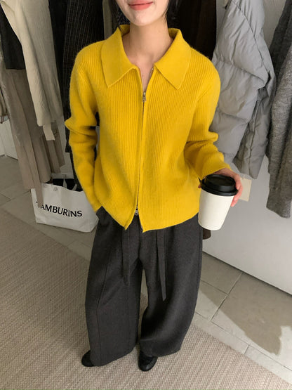 // 細直坑紋翻領上下拉鍊CD