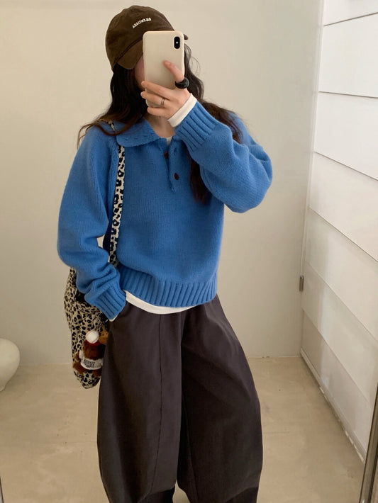 // 超韓領鈕扣粗坑紋翻領毛衣