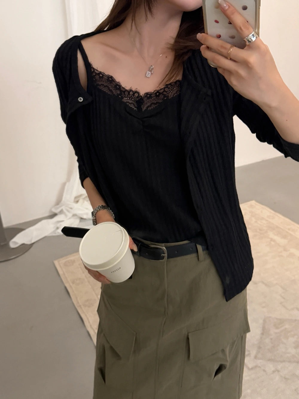 T10 / 肌理感直織紋lace邊小吊帶+小外套兩件套