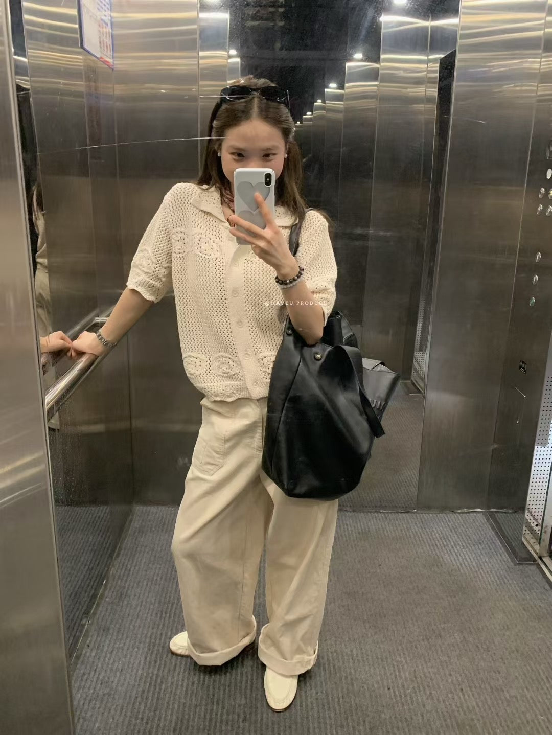 // 高質純棉鈎織花紋翻領上衣