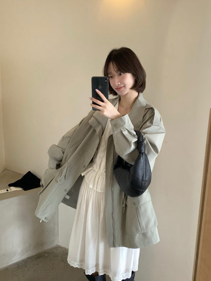 🫒 帥氣可立領束腰口袋工裝外套