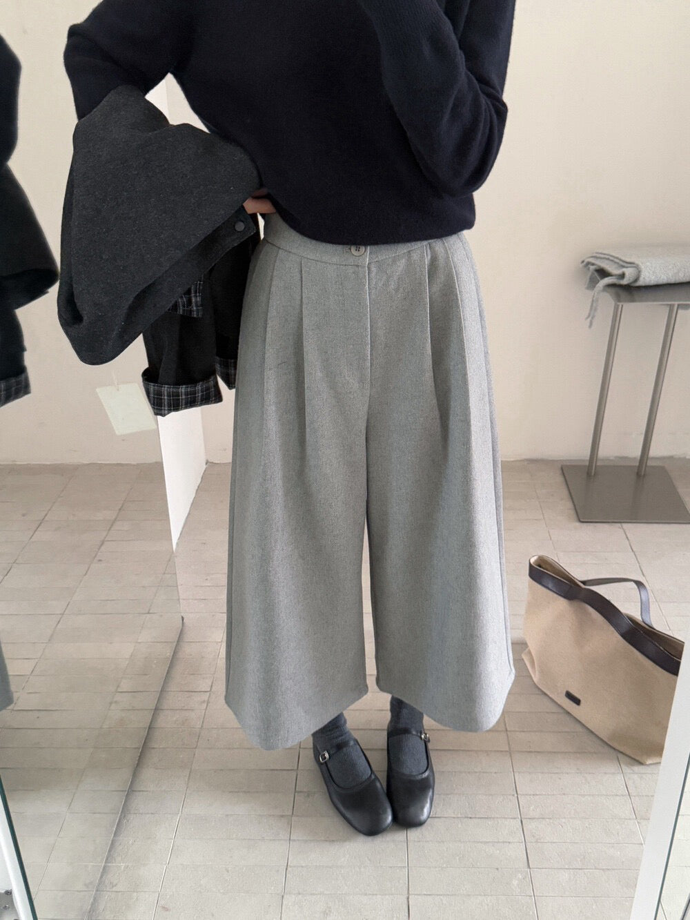 // 10%wool帥氣八分壓褶毛呢褲