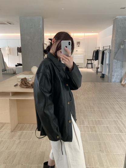 // 復古感美拉德翻領中長彷皮外套