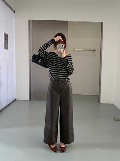 // 復古感超顯瘦連腰帶皮褲