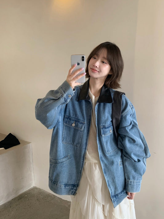 🫐 復古感拼皮領寬鬆牛仔外套