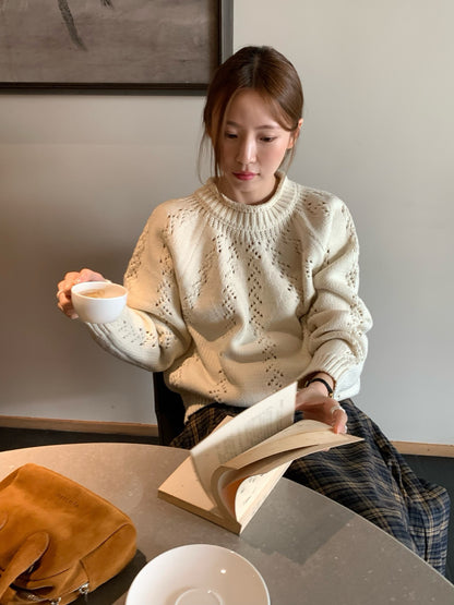(部分現貨) // 15%wool鏤空鈎花半領卷邊毛衣