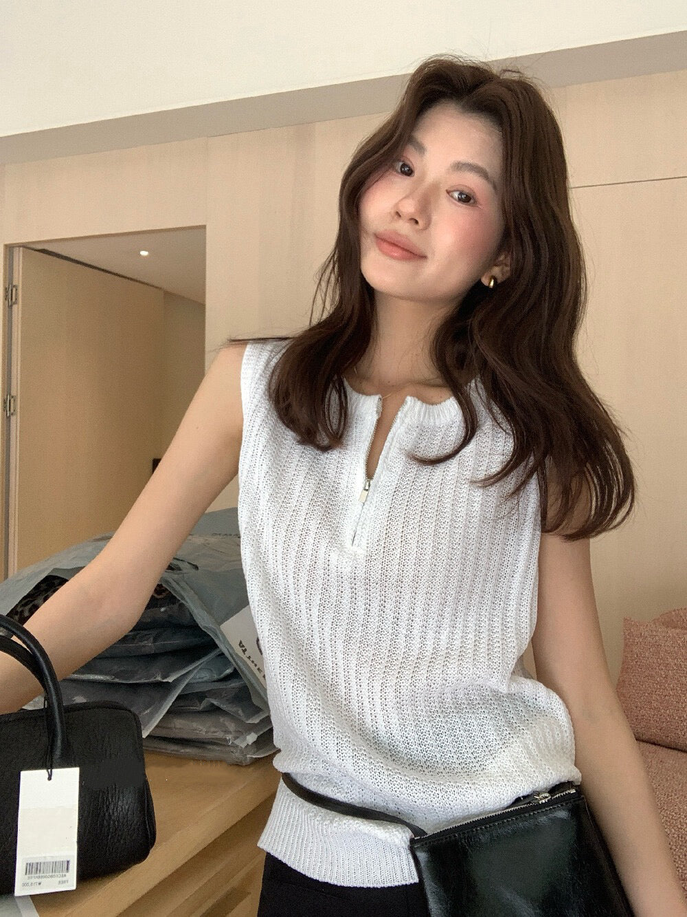 // 高級感半拉鍊直織紋背心